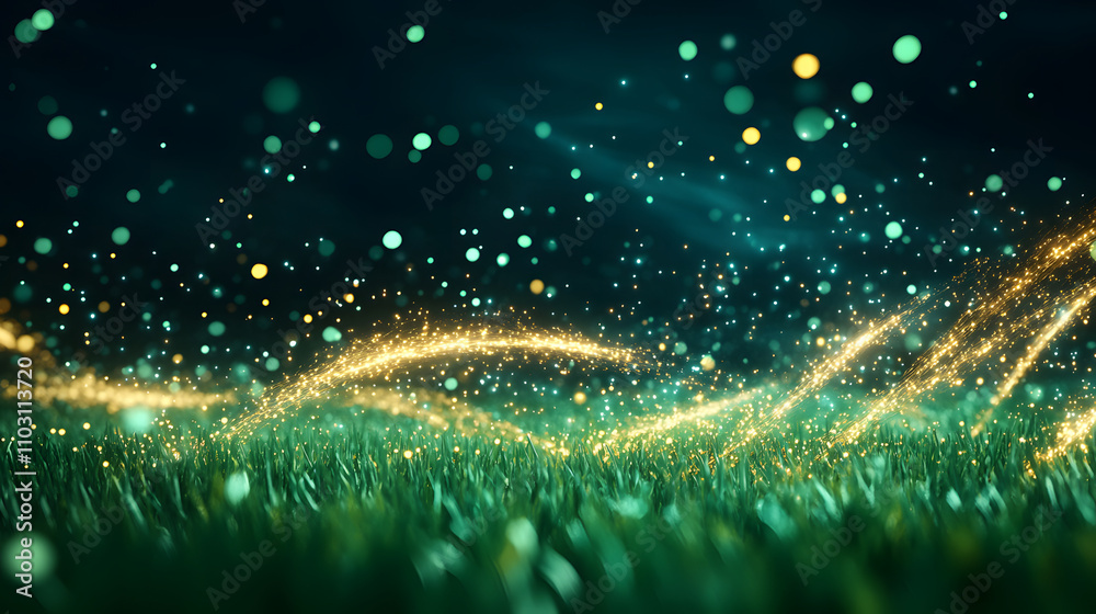 Poster a mesmerizing scene of sparkling light and vibrant green grass, creating an enchanting atmosphere fi