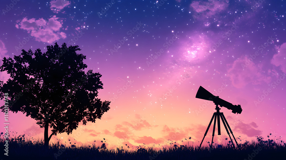 Poster a serene twilight scene featuring a telescope and a tree under a starry sky, evoking a sense of wond