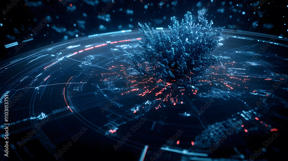 Poster A dynamic digital visualization showcasing a vibrant explosion of data particles against a dark background, suggesting advanced technology or futuristic concepts