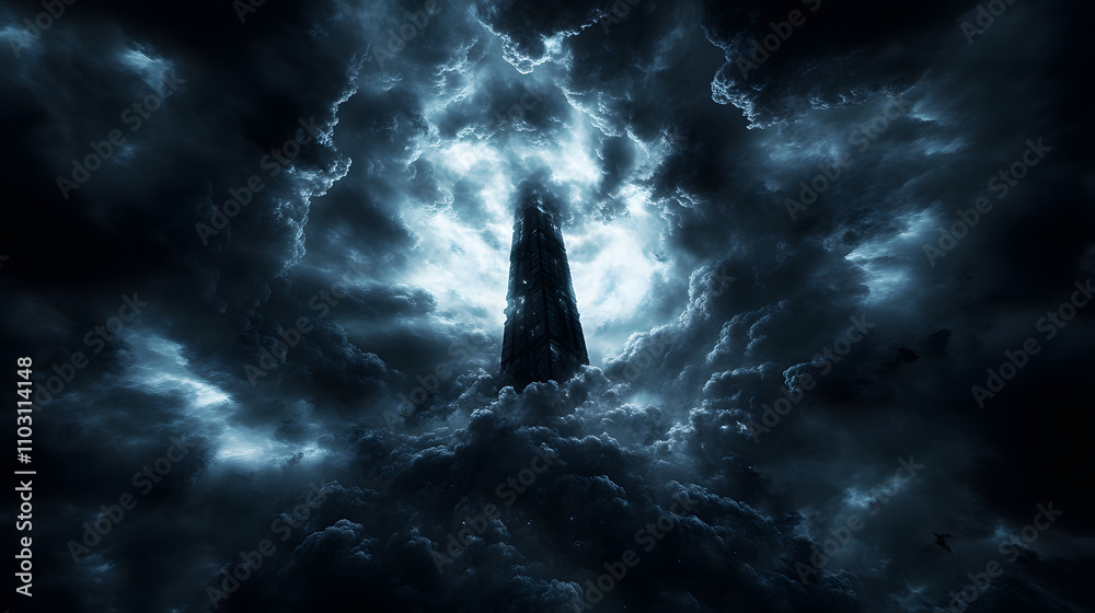 Aufkleber a dark, ominous tower rises through swirling clouds, illuminated by a mysterious light, creating a d