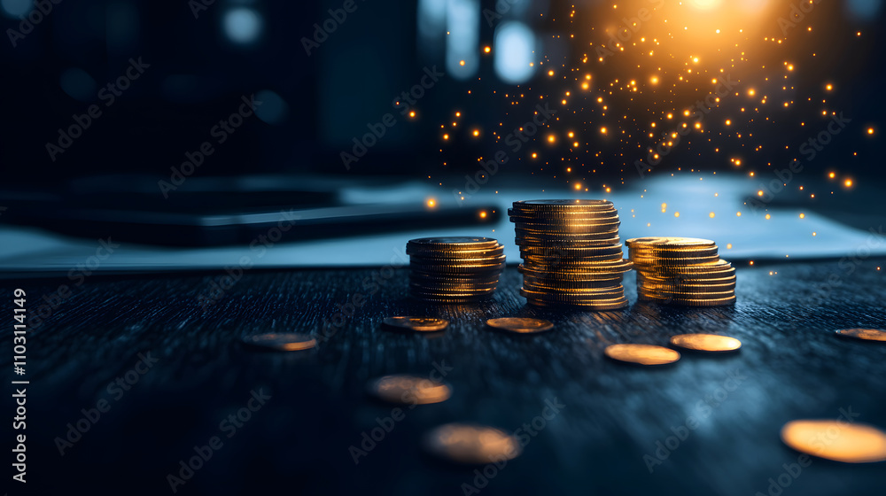 Poster A close-up of stacked coins on a dark surface, illuminated by a warm light, creating a sparkling effect that enhances the theme of wealth and finance