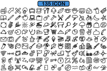 A diverse collection of 135 hand-drawn doodle icons. These versatile icons cover a wide range of topics, from everyday objects and nature elements to more abstract concepts.