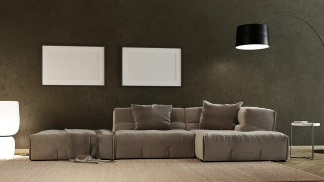 3d Render of gray sofa with dark plaster wall and wood floor. Light carpet, floor lamp and frames on the wall.