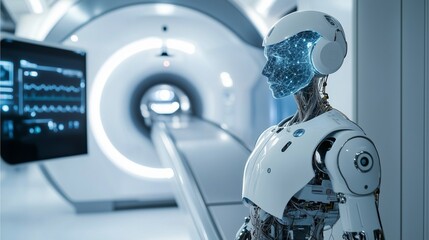 Innovative AI in Healthcare Robotic Monitoring Technology robot performing detailed scans on MRI machine sleek futuristic diagnostic room artificial intelligence robot performing health