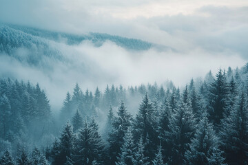 Fototapeta premium Panoramic view of the forest with morning fog in the cold season. Generated by artificial intelligence.
