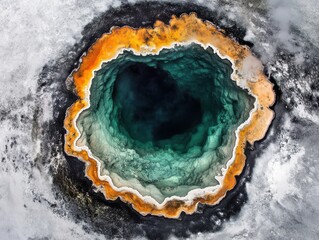 Obraz premium Aerial View of Vibrant Hot Spring Pool with Striking Color Patterns and Intricate Details in a Natural Landscape