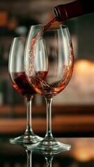 Close-up of red wine pouring into glass , freeze motion.