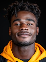 Obraz premium Portrait of a young Togolese man with a beard with a thoughtful expression, soft studio lighting on a dark background