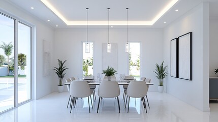 Fototapeta premium 2409_037.3d rendering architectural visualization of a stylish modern dining area for cozy home, front elevation view, advanced model full scene, 800 mm, tint shift, elegant lighting with pendant