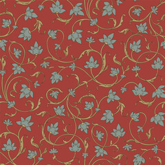 Red seamless pattern. Intertwining vines with grayish blue leaves.