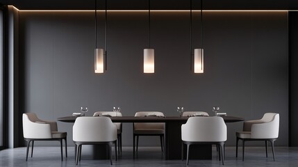 2409_043.3d rendering architectural visualization of a stylish modern dining area for  restuarent, front elevation view, advanced model full scene, 800 mm, tint shift, elegant lighting with pendant
