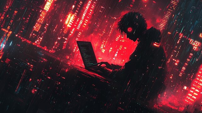 Silhouette of hacker in neon digital world