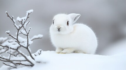 Snow hare sitting on a snowy hill with bare branches, ideal for winter-themed posters, wildlife education, and seasonal illustrations.

