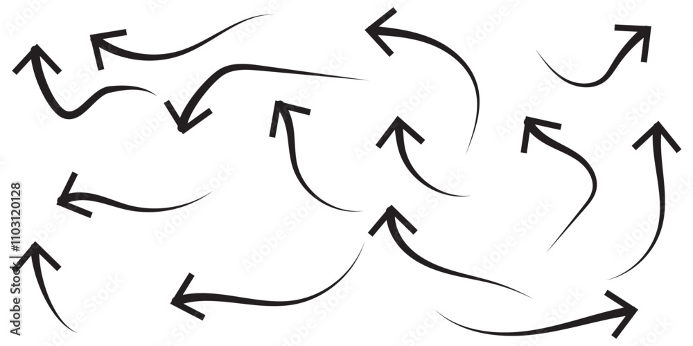 Wall mural set of curved hand drawn arrows and pointers. vector illustration