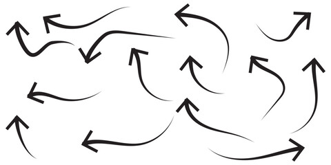 Set of curved hand drawn arrows and pointers. Vector illustration