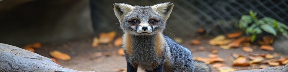 Naklejka premium Gray fox standing on a ground covered with autumn leaves near a wire fence, perfect for wildlife-themed posters, nature illustrations, and educational content.
