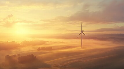 Obraz premium Golden Sunrise Over Foggy Fields Wind Turbine