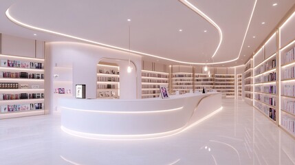 2409_062.3d rendering architectural visualization of a stylish modern reading nook for  comic book shop, front elevation view, advanced model full scene, 800 mm, tint shift, elegant lighting with