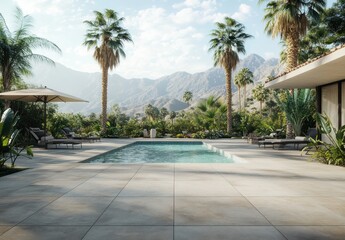 Fototapeta premium Luxurious Modern Resort Poolside Setting with Palm Trees Surrounded by Stunning Mountain Views Under a Bright Blue Sky and Scenic Landscape
