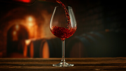 Close-up of red wine pouring into glass in wine cellar , freeze motion.