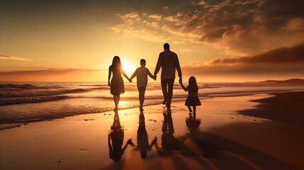 A family of four walking hand in hand on a serene sandy beach at the golden hour of sunrise with the ocean and sky in the background creating a breathtaking natural backdrop