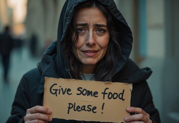 A female beggar crying with tears, holding a sign Give some food please