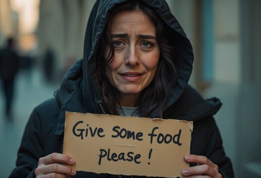 A female beggar crying with tears, holding a sign Give some food please