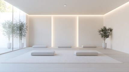 2409_081.3d rendering architectural visualization of a stylish modern meditation space for  yoga studio shop, front elevation view, advanced model full scene, 800 mm, tint shift, elegant lighting