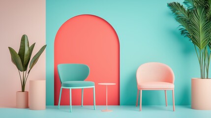 Fototapeta premium An interior design featuring a living room with color blocked walls, furniture, and accessories, creating a visually dynamic and playful space.