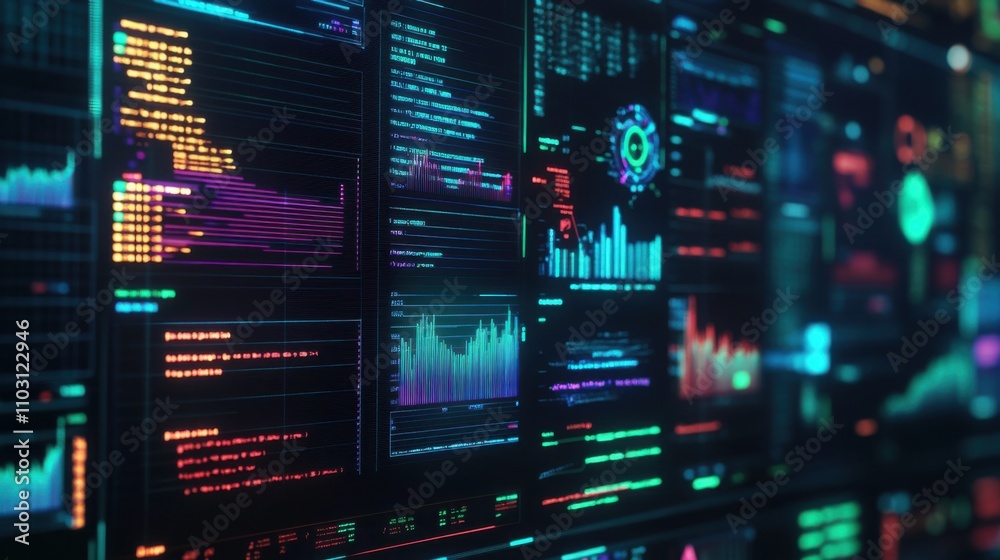 Poster colorful data visualization on digital interface with graphs and charts