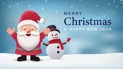 Merry Christmas with 3D Santa and snowman on snowy, snowflakes on blue background for web and poster banner template. vector illustrator 