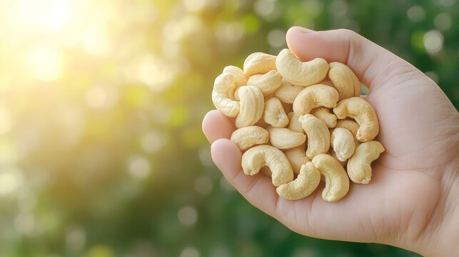 Celebrating National Cashew Day Handful of Cashews in Sunlit Outdoors for Nut Appreciation and Natural Snack Holidays