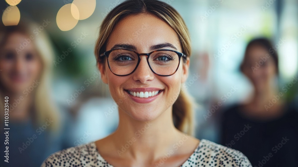 Aufkleber professional networking event with smiling woman modern office portrait bright atmosphere