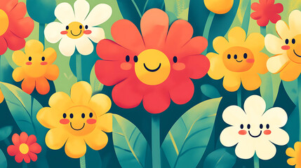 A fun illustration featuring cartoon flowers with friendly faces and bold colors for kids 