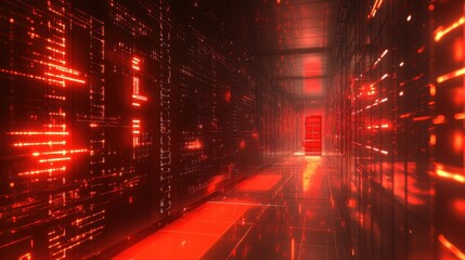 Fototapeta premium Futuristic Virtual Environment with Glowing Red Lights and Patterns