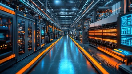 Obraz premium Futuristic data center showcasing high-tech servers with vibrant lighting and advanced technology infrastructure