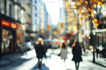 Blurry cityscape with people walking on sunny street