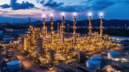 Fototapeta premium Illuminated oil refinery at twilight showcasing modern industrial architecture against a dramatic sky