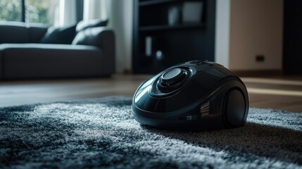 Modern Robotic Vacuum Cleaner on Plush Carpet in Bright Living Room