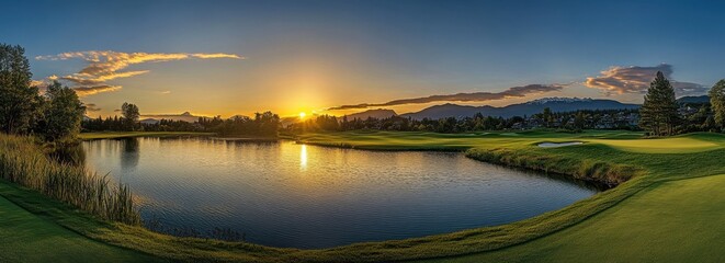 Fototapeta premium Stunning Sunset Over Serene Golf Course with Reflective Water and Lush Greenery Surrounded by Majestic Mountains in the Evening Glow