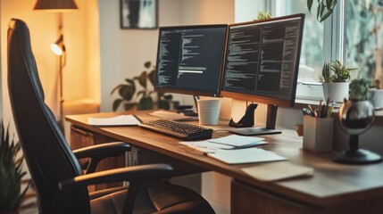 Home Office Setup with Dual Monitors Displaying Code, Realistic Image