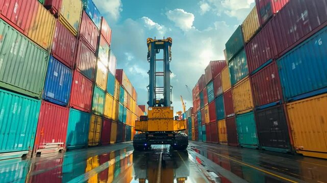A container handler forklift in a shipping yard highlight the vital logistics processes in the import-export and freight transportation industry. VDO 4k ProRes