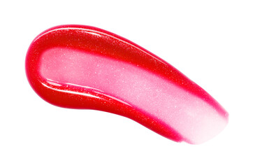 Red lip gloss texture isolated on white background. Smudged cosmetic product smear. Makeup swatch product sample