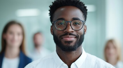 Obraz premium Professional portrait of a smiling man in an office setting urban environment close-up