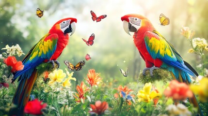 Two vibrant parrots amidst colorful flowers and butterflies in a sunny forest setting.