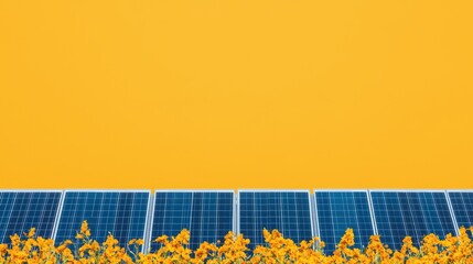 Clean Energy Harvest: Solar Panels in Sunlit Field with Blue Sky Background for Eco-friendly Technology Concept