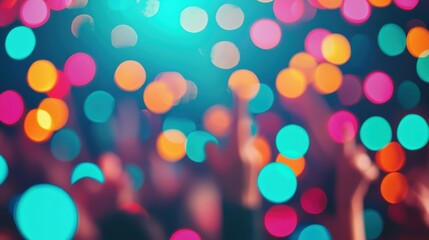 Festive Celebration with Colorful Lights and Dancing Crowd, Copy Space for Text