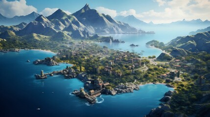 Picturesque aerial view of a stunning coastal holiday destination nestled between towering mountains and the shimmering azure sea offering a tranquil and serene escape into nature s beauty