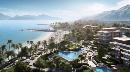 Breathtaking aerial perspective of a picturesque coastal holiday destination featuring majestic mountains tranquil turquoise waters and a serene shoreline dotted with lush greenery