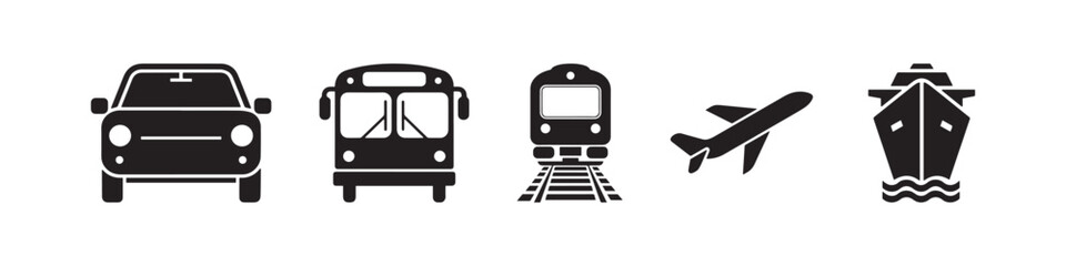 Transportation Icons Set - Car, Bus, Train, Airplane, and Ship Vector Graphics